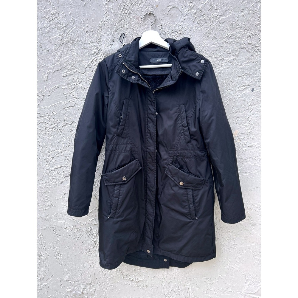 Tumi Womens Black Hooded Parka Jacket Quilted Lining Faux Fur Collar Mid Length